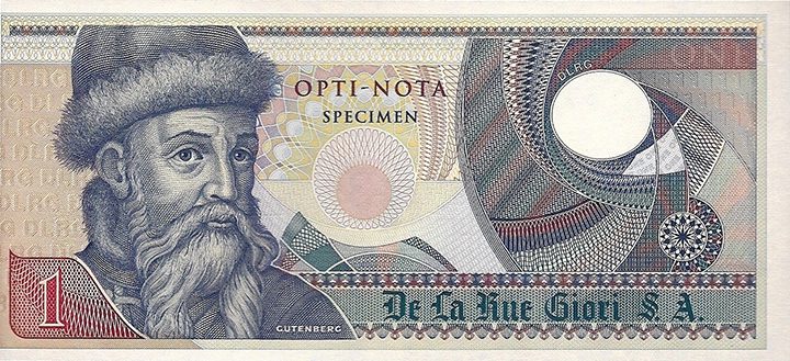 GIOR-210a test note with printing by Giorio that depicts Johannes Gutenberg.