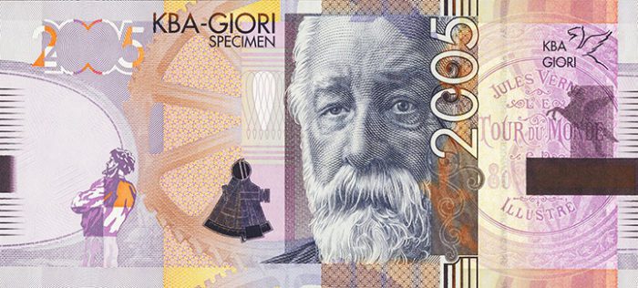 Test note with printing by Giorio that depicts Jules Verne.
