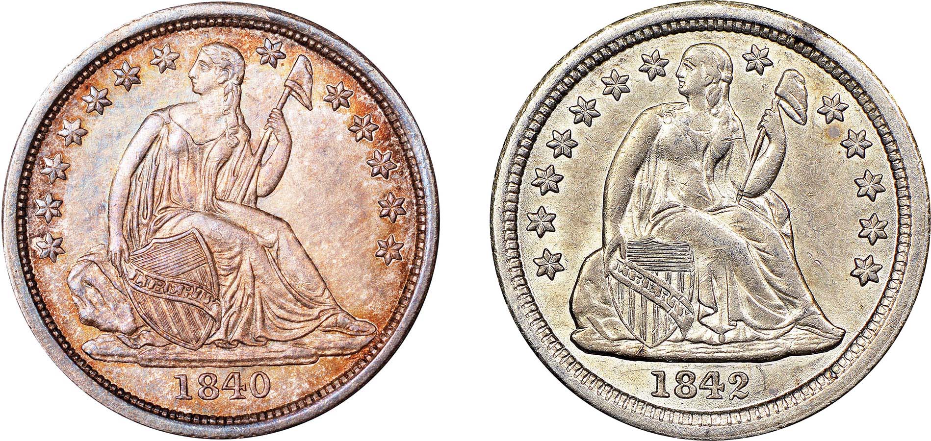 A comparison between the 1840 and 1842 Gobrecht's Seated Liberty dime.