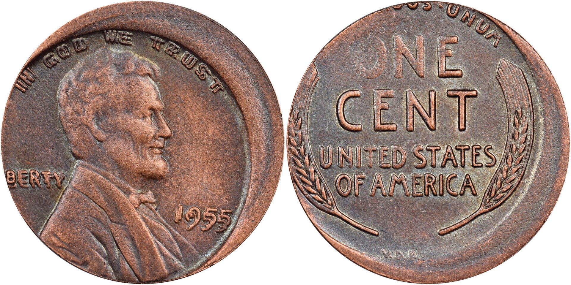 Counterfeit 1955 Lincoln cent with doubled-die obverse