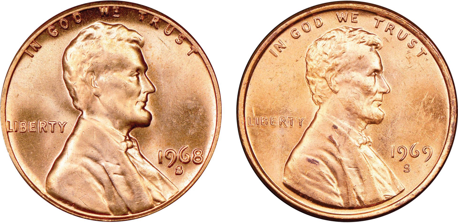 A comparison of the 1968 Lincoln cent to the 1969 Lincoln cent