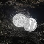 The Austrian salt mining coin in a dark cave.