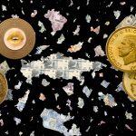 Cryptocurrency, a George VIII pattern, and an ancient coin set against bank note art.