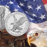 The 2024 silver American Eagle coin set against a painting of a U.S. flag and bald eagle.