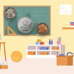 A classroom with a Morgan dollar, Mercury dime, and Wheat cent on the chalkboard.