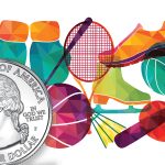 The U.S. quarter obverse with watercolor sports equipment in the background.