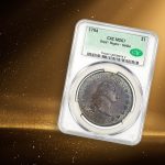 The finest-known 1794 Flowing Hair silver dollar against a golden background.