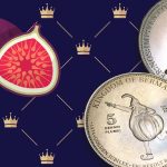 The Kingdom of Bermania commemorative and a fig against a dark blue background with crowns.