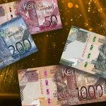The 2024 KES $50, $200, $500, and $1,000 notes against a glittery gold background.