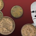 Civil War tokens beside a portrait of Dr. George Hetrich