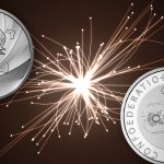 The Swissmint CERN special coin in front of a graphic of two atoms colliding.