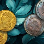 Capped Bust half eagle and half dollar against a dark teal background.