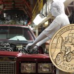 A mannequin posed next to an automobile in a factory with the American Innovation Michigan dollar obverse beside it.