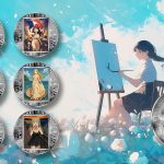 The PopCoins anime coins next to an anime woman painting on an easel in a field of flowers