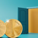 The new Finnish gold proof coin beside a teal door.