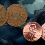 The Fugio cent and the current cent beside each other against a dark background.