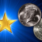 The Kennedy half dollar mint error next to a gold star