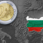 The 2-euro coin beside Bulgaria on a map