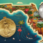 A Saint-Gaudens double eagle and a Morgan dollar next to a colorful map of Florida