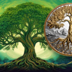 The Canadian tree of life coin beside a green tree of life.
