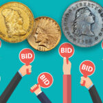 Coins from the Stack Collection next to bidding signs