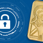 The new Royal Mint gold bullion bar next to a lock icon on a blue background
