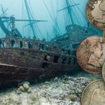 A shipwreck with the coins recovered from the USS Yorktown beside it.