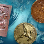 Three of the medals from Ira Rezak's book against a blue background.
