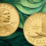 The 2025-W Sacagawea dollar against a green leafy background