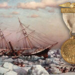 A gold Jeanette expedition medal next to a painting of the Jeanette being crushed by ice