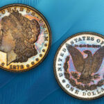 A VAM-60 Morgan dollar on a light blue background