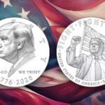 The $1 coin design draft depicting President Trump against an American flag background