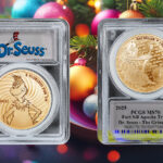 The gold Grinch coin with a festive Christmas background