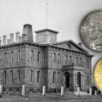 A Carson City Morgan dollar and a Carson City Liberty Head double eagle next to a black-and-white photo of the Carson City Mint.