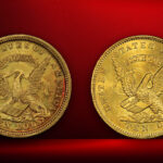 An 1852 eagle and 1853 eagle next to each other against a dark red background