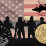 The silhouettes of six soldiers with an American flag in the background and two U.S. military commemoratives in the front.