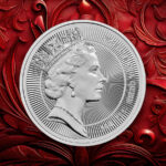 The third coinage portrait of Queen Elizabeth II against a dark red background