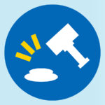 An auction hammer graphic on a light blue background