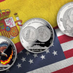 The Royal Spanish Mint new 2025 commemorative coins with the Spanish flag and American flag in the background