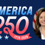 A portrait of Rosa Rios beside an America250 graphic