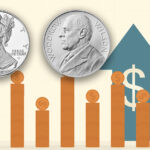 Up and down arrows behind stacks of coins and a silver American Eagle and Woodrow Wilson medal
