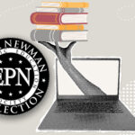 The EPNNES logo beside a laptop with a hand holding books