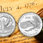 The Declaration of Independence coin with the Declaration of Independence in the background