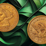 An 1854-S quarter eagle against a dark green background