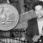 Althea Gibson with a tennis net behind her and the Althea Gibson quarter beside her.