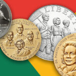 Four black history coins and medals with a colorful background