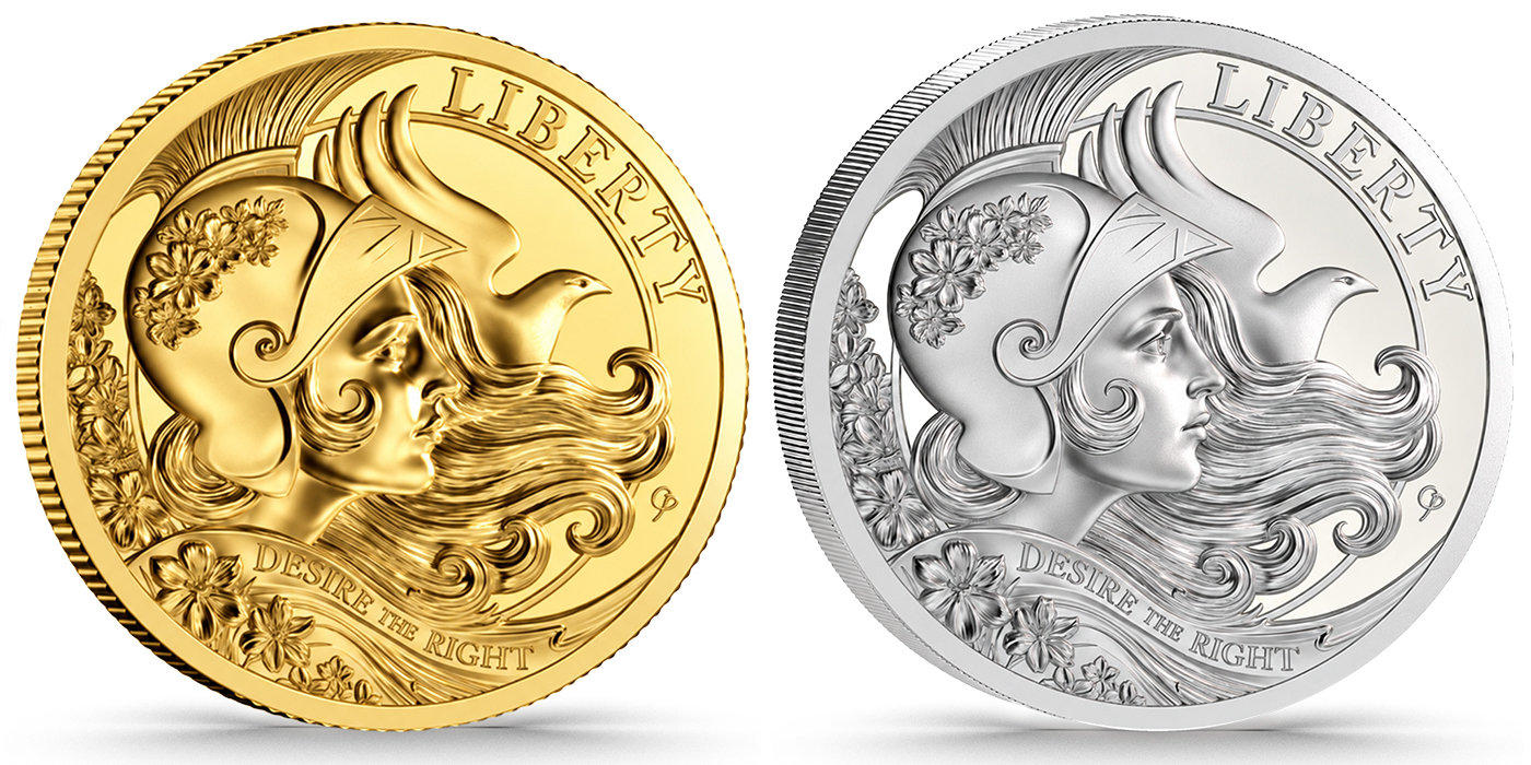 Gold and silver Liberty medals side by side. Liberty wears a helmet inspired by Britannia.