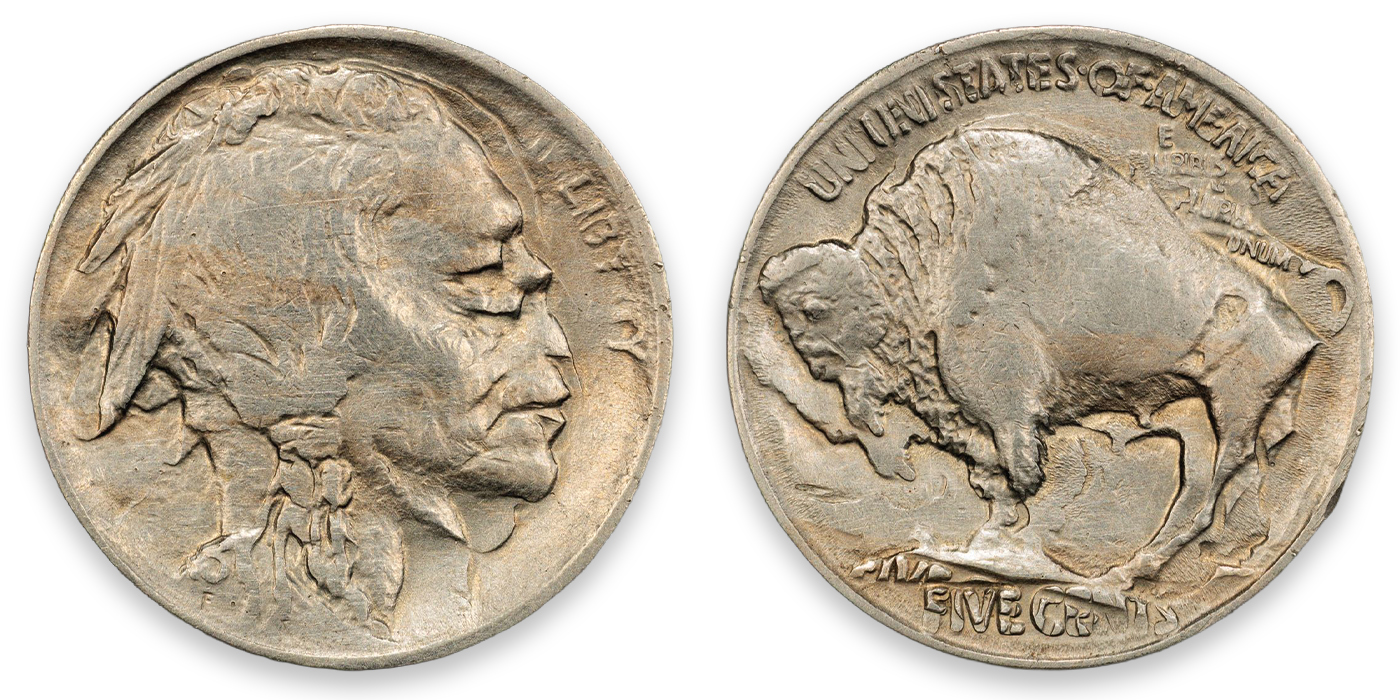Obverse and Reverse of an error Buffalo nickel. This nickel got stuck in the coining press and was struck twice, creating a distorted Native American portrait and a misshapen buffalo.